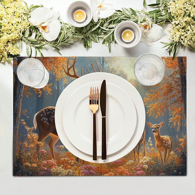 Giwawa Fall Deer Placemats Set of 4, 12"x18" Autumn Forest Trees Moose Linen Place Mat, Woodland Wildlife Washable Non-Slip Table Mats for Kitchen Dining Party Picnic Indoor Outdoor Decor
