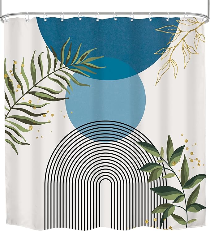 Blue Boho Modern Shower Curtain 72Wx72H Mid Century Abstract Gold Green Leaves Sun Arch Minimalist Geometric Aesthetic Plant Bathroom Decor Neutral Bath Curtain Fabric Polyester 12 Pack Hooks