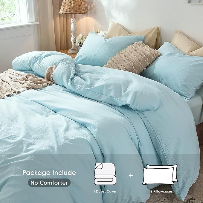 MooMee Bedding Duvet Cover Set 100% Washed Cotton Linen Like Textured Breathable Durable Soft Comfy (Heathered Light Blue, Full 80"x90")