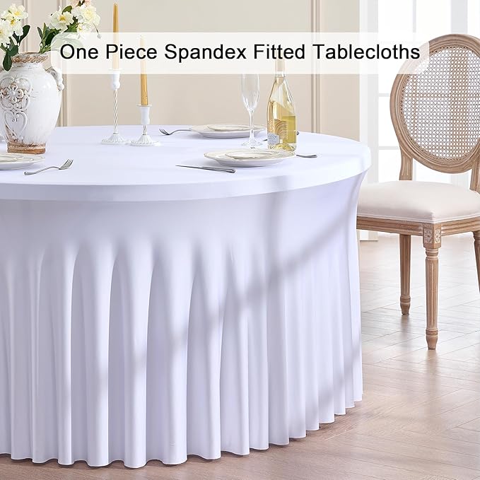 Outpain 6 Pack White Round Spandex Tablecloth for 48Inch/4FT Tables - Stretchy Table Cloth with Skirt, Wrinkle-Free Fitted Cloth for Wedding Vendor, Banquet & Graduation Decor (108" Round)