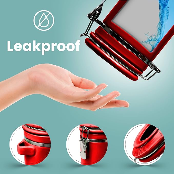 Home Intuition Smell Proof 4-Piece Ceramic Kitchen Canisters Set, Airtight Containers with Wooden Spoons Reusable Chalk Labels and Marker for Sugar, Coffee, Flour, Tea (Red)