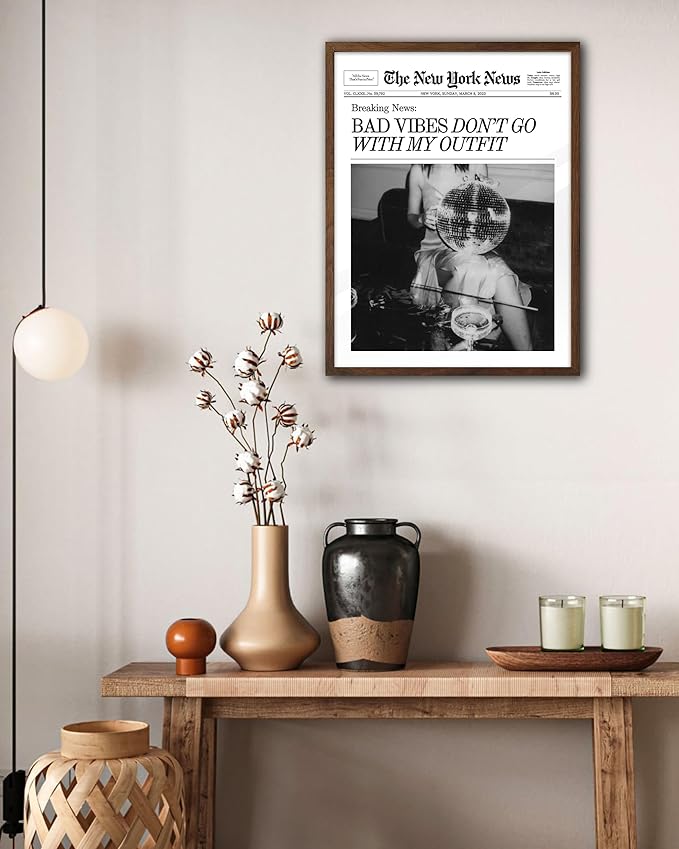 EcoHest Trendy Newspaper Magazine Framed Wall Art, 12x16 in Walnut Color OAK Wood Bad Vibes Don't Go With My Outfit Disco Bar Canvas Wall Art, Preppy Retro Decor For Bedroom Living Room 1Pack