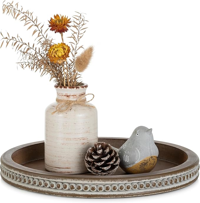 Hanobe Candle Tray Holder Decorative: Round Coffee Table Home Decor Centerpiece Boho Serving Trays for Living Room Kitchen