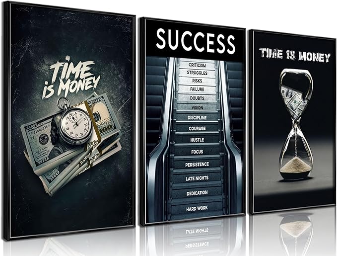 3Pcs Time Is Money Wall Art Paintings Office Wall Decor Pictures Inspirational Quotes Posters Prints Road to Success Canvas Paintings of Man Cave Living Room Bedroom Office Decor unframed