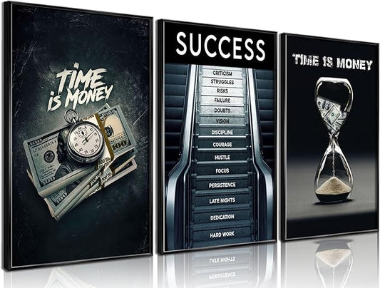 3Pcs Time Is Money Wall Art Paintings Office Wall Decor Pictures Inspirational Quotes Posters Prints Road to Success Canvas Paintings of Man Cave Living Room Bedroom Office Decor unframed