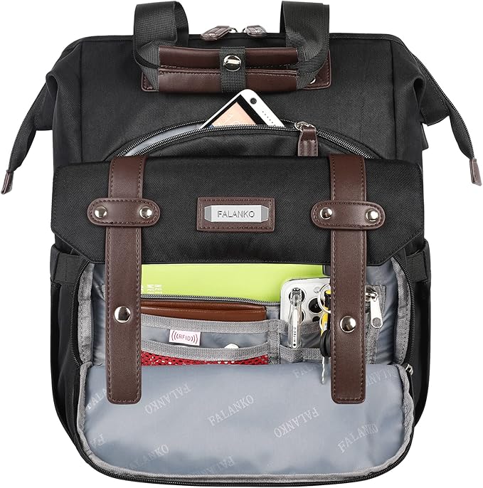 Laptop Backpack For Women, Work Doctor Teacher Nurse Wide Open Bookbags 17.3 Inch Laptops Backpack with USB Charging Port, Water Resistant RFID Computer Backpack for Men Women Black