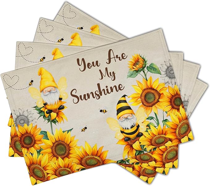 Giwawa Bee Gnomes Placemats Set of 4, 12x18 Inch Vintage Summer Sunflowers Linen Place Mat, Sunshine Floral Heat Resistant Washable Table Mats Kitchen Dining Seasonal Farmhouse Decor