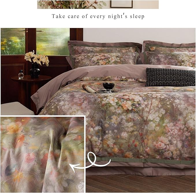 mixinni Vintage Floral Duvet Cover Set - King Size, 100% Long Staple Cotton Percale, Reversible Garden Style Bedding Set with Zipper Closure, 3-Piece Luxury Duvet Cover with 2 Pillow Shams (20"x36")