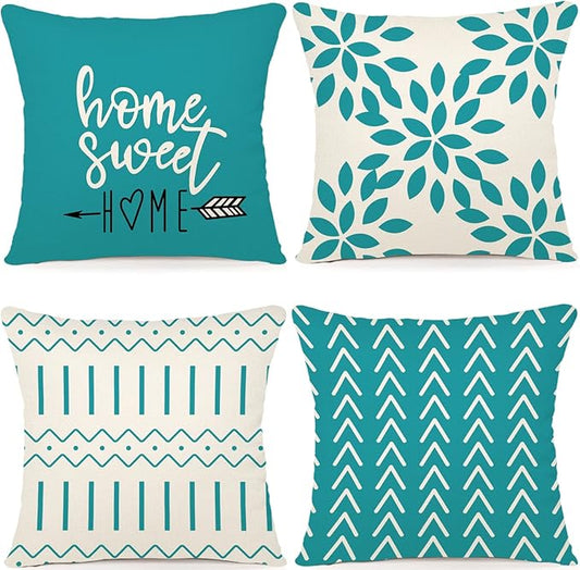YCOLL Pillow Covers 16x16 Set of 4, Modern Sofa Throw Pillow Cover, Decorative Outdoor Linen Fabric Pillow Case for Couch Bed Car, Aqua Blue