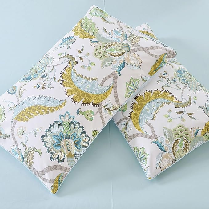 mixinni Boho-Chic King Size Duvet Cover Paisley Light Blue and Light Green Long Staple Cotton Bedding Set 1 Duvet Cover 2 Pillowcases for Him and Her, Easy Care, Soft and Durable- (3pcs, King Size)