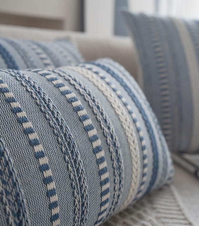 Boho Lumbar Pillow Covers 14x36 Long, Farmhouse Decorative Couch Pillow Cases, Blue Accent Pillows of Bed, Sofa Bedroom Living Room Home Decor Cushion Cover, Pack of 1