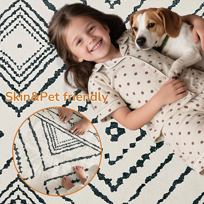 Area Rug 6x9 Rug Machine Washable Non-Slip Low Pile Print Pattern Western Rug for Living Room Bedroom Entryway Tribal Series -Navywhite/Black