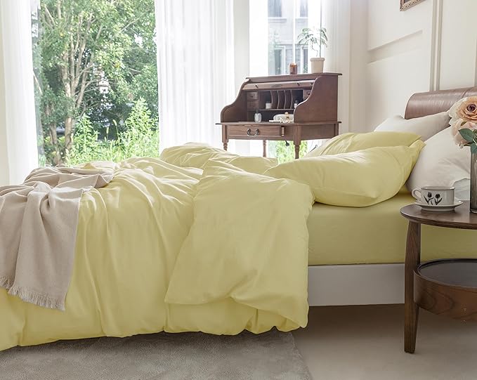 FOSSA Duvet Cover Set 100% Washed Cotton Linen Feel Super Soft Breathable Cozy 3 Pieces Bedding Sets Solid Pastel Yellow Oversized Queen