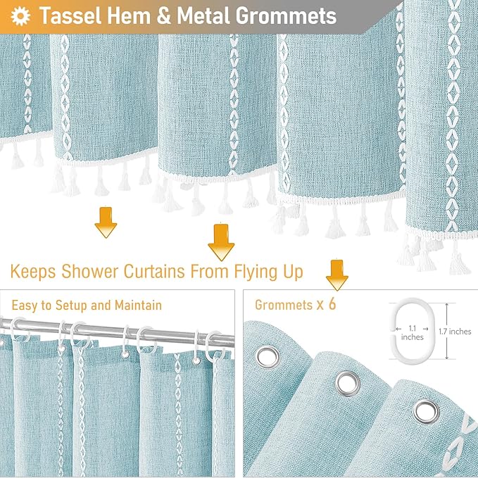 BTTN Boho Shower Stall Curtain - 36x72 Narrow Linen Thick Striped Tassel Fabric Shower Curtain Set with 6 Hooks, Half Modern Farmhouse Cottage Decorative Cloth Shower Curtains for Bathroom - Fog Blue