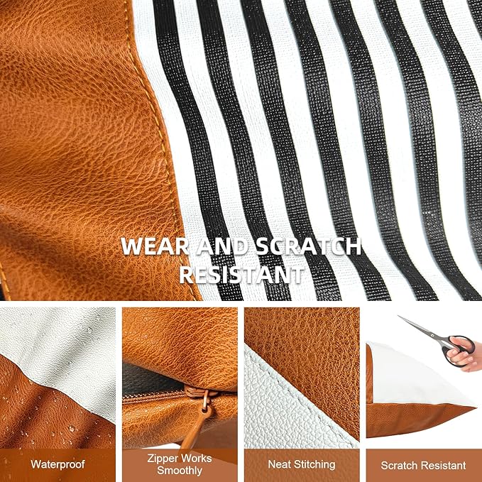 Faux Leather Throw Pillow Cover 18X18 Inch Set of 2 Brown Outdoor Modern Farmhouse Solid Decorative Pillow Covers for Room Couch Living Bedroom Bed Sofa