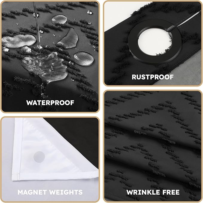 No Hook Shower Curtain and Liner Set, Black Snap in Shower Curtain Ringless Chevron Tufted Cloth Waterproof Washable Fabric Bath Curtain with See Through Top Window for Bathroom Hotel 71" x 74"