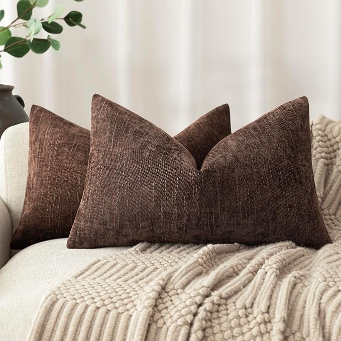 Foindtower Pack of 2 Textured Chenille Throw Decorative Pillow Covers Square Accent Solid Cushion Cover Neutral Farmhouse Lumbar Pillow Case for Couch Sofa Bedroom Living Room 12x20 Inch,Red Brown