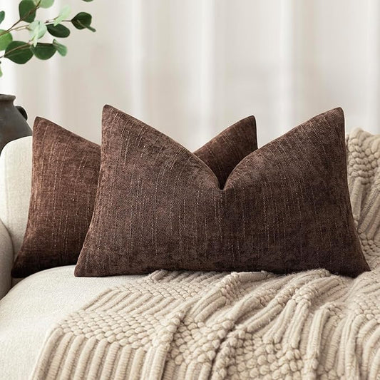 Foindtower Pack of 2 Textured Chenille Throw Decorative Pillow Covers Square Accent Solid Cushion Cover Neutral Farmhouse Lumbar Pillow Case for Couch Sofa Bedroom Living Room 12x20 Inch,Red Brown