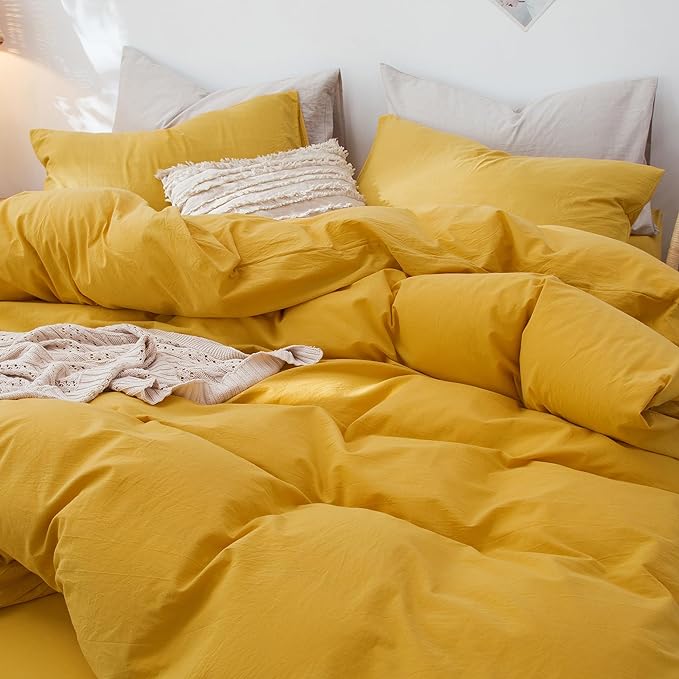 MooMee Bedding Duvet Cover Set 100% Washed Cotton Linen Like Textured Breathable Durable Soft Comfy (Solid Yellow, Cal King 104"x98")