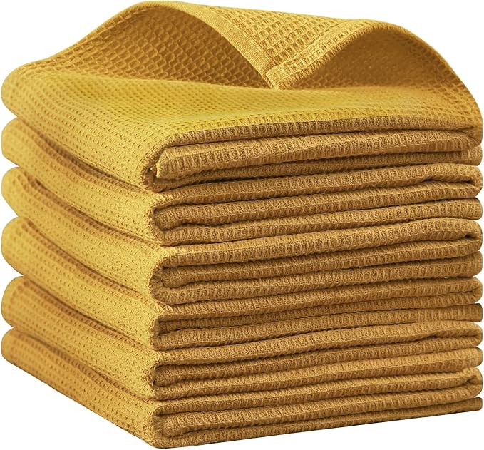 QUILTINA Dish Towels Set,100% Cotton Waffle Weave Kitchen Towels 6 Pack,17 x 25 Inches Dish Towels for Kitchen,Super Absorbent for Drying and Cleaning (Mustard Yellow)