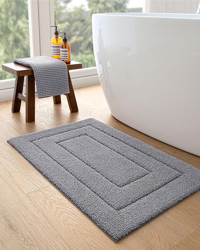 DEXI Bathroom Rug 24x16, Non Slip Washable Bath Mat for Shower Floor, Absorbent Soft Bathmat with Rubber Backing, Quick Dry Microfiber Carpet, Grey
