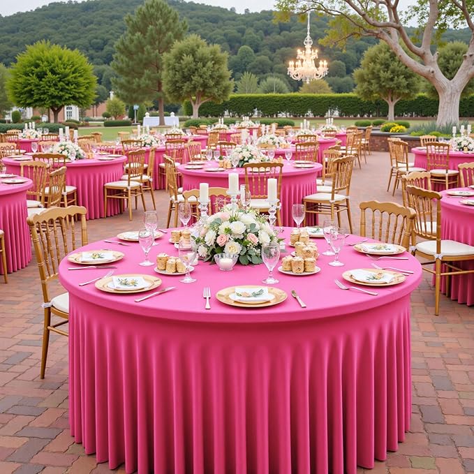 Outpain 8 Pack Hot Pink 72inch Spandex Round Tablecloths, Stretchy 132inch Fitted 6FT Round Table Cloths, Wrinkle Free Table Cover with Skirt for Wedding Party Dining Banquet