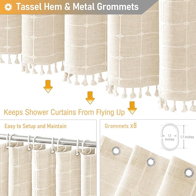 BTTN Boho Shower Stall Curtain - 48x72 Narrow Linen Ultra Thick Tassel Fabric Shower Curtain Set with 8 Plastic Hooks, Half Camper RV Modern Farmhouse Country Shower Curtains for Bathroom, Cream/Beige