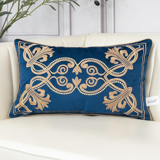 Aeckself European Floral Pillow Cover 12x20 Inch, Luxury Velvet Embroidered Decorative Lumbar Throw Pillow Cover for Couch Bedroom Living Room, Navy Blue and Gold, Yw-OBYG-Blue3050