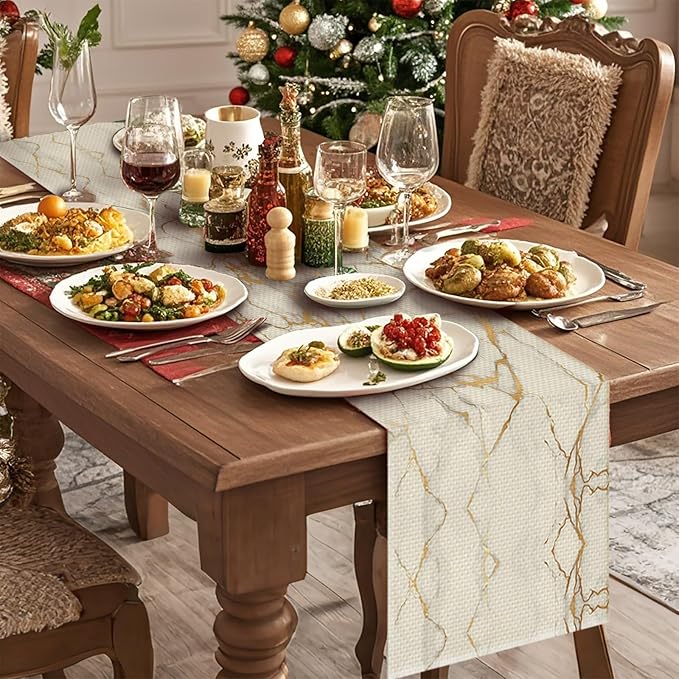 Marble Burlap Table Runner Seasonal Spring Fall Kitchen Dining Linen Table Decoration for Indoor Outdoor Home Party Dinner 13x72 Inch