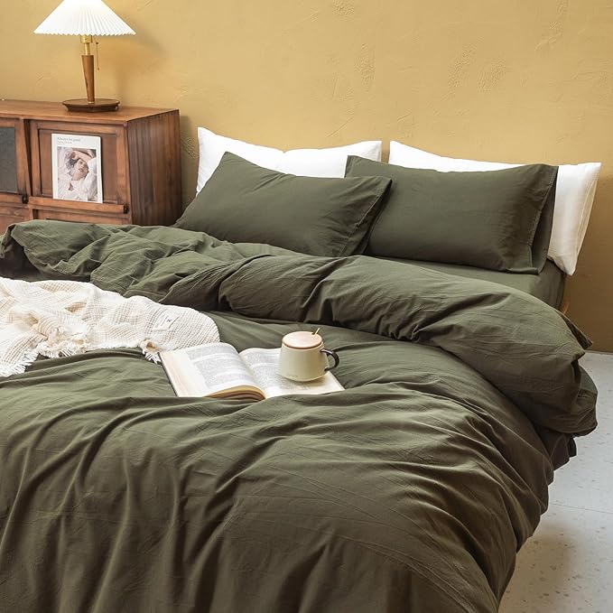 FOSSA Duvet Cover Set 100% Washed Cotton Linen Feel Super Soft Breathable Cozy 3 Pieces Bedding Sets Solid Olive Green Oversized King
