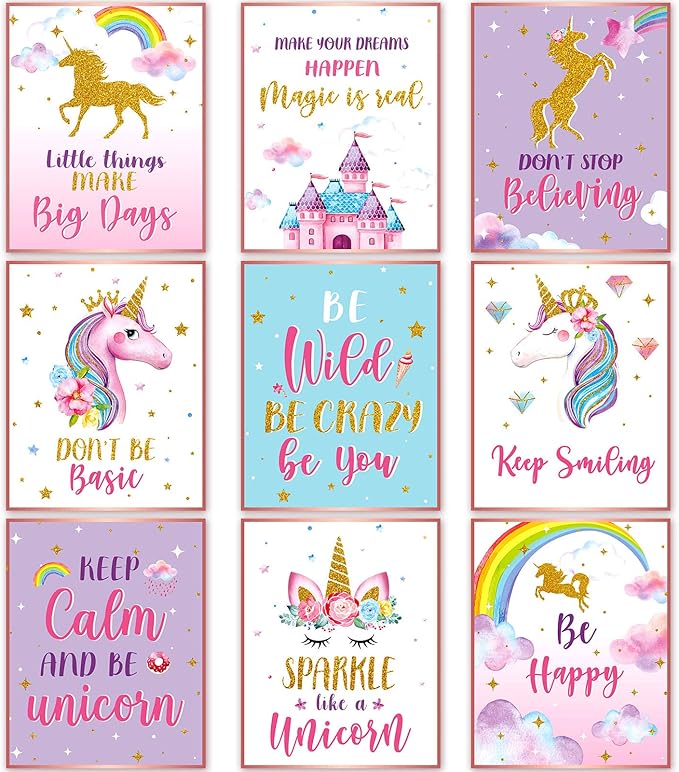 Zonon 9 Pcs Unicorn Wall Decor Girls Room Inspirational Unicorn Art Prints Poster Watercolor Rainbow Flower Girls Bedroom Decor Cute Unframed for Christmas Kids Teen Nursery Decoration Gift, 8" x 10"