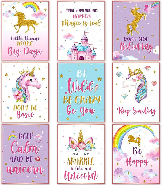 Zonon 9 Pcs Unicorn Wall Decor Girls Room Inspirational Unicorn Art Prints Poster Watercolor Rainbow Flower Girls Bedroom Decor Cute Unframed for Christmas Kids Teen Nursery Decoration Gift, 8" x 10"