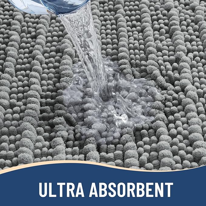 Arotive Luxury Chenille Bathroom Rug Mat, Extra Soft Thick Absorbent Shaggy Bath Rugs, Non-Slip Machine Wash Dry, Plush Bath Mats for Bathroom, Shower and Tub, 47x20, Grey