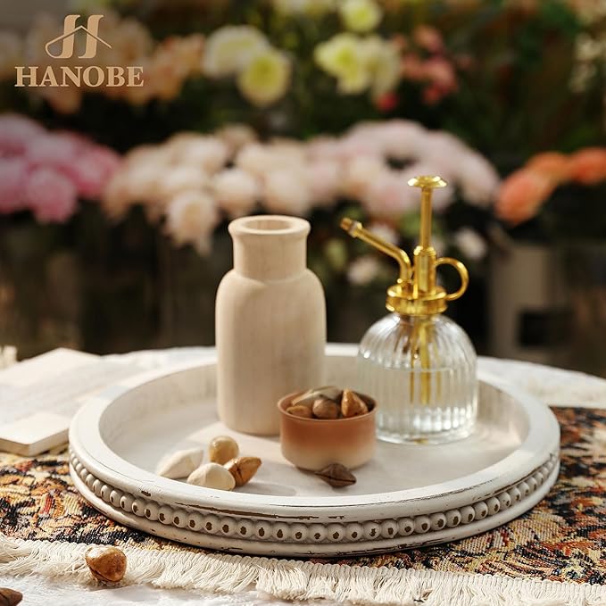 Hanobe Candle Tray Holder Decorative: Round Coffee Table Home Decor Centerpiece Boho White Serving Trays for Living Room Kitchen
