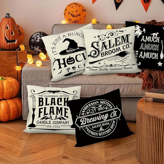 Halloween Pillow Covers 18x18 Inch Set of 6, Indoor Halloween Decorations, Black White Farmhouse Saying Throw Pillow Cover, Scary Pillowcase for Seaonal Party Couch Home Decor