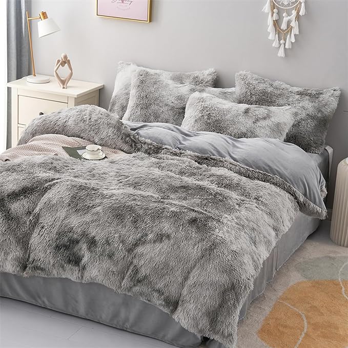 MorroMorn 5 PCS Shaggy Duvet Cover Bedding Set - Fluffy Comforter Cover Long Faux Fur Luxury Ultra Soft Cozy (Marble Gray, Full/Queen)