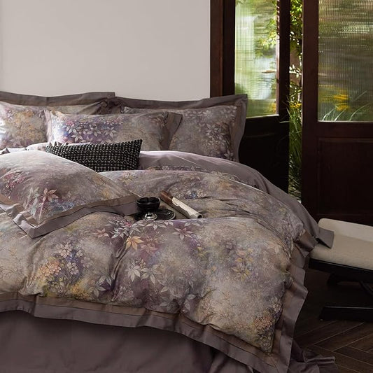 mixinni Vintage Floral Duvet Cover Set - King Size, 100% Long Staple Cotton Percale, Reversible Purple Floral Bedding Set with Zipper Closure, 3-Piece Luxury Duvet Cover with 2 Pillow Shams (20"x36")