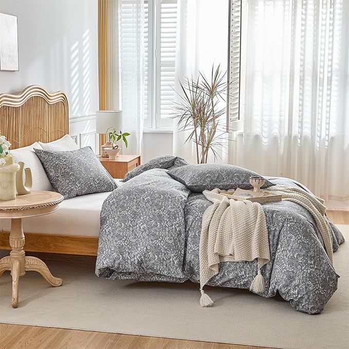 mixinni 3 Pieces Duvet Covers King Size, 100% Cotton Comforter Cover Wildflower Printed on Grey Floral Bedding Set with Zipper Closure 4 Ties (1 Duvet Cover 104"x90", 2 Pillow Cases 20"x36")