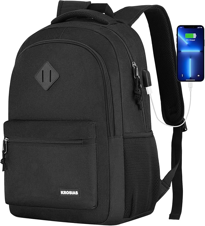 Black Backpack for Men and Women, School Backpack Teens Boys and Girls 15.6 Inch Laptop Bookbag with USB Charger for High School College Work Travel Business