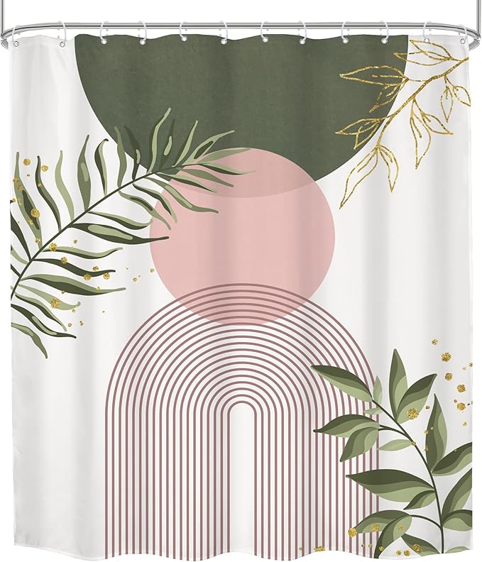 Pink Green Boho Shower Curtain 72Wx84H Extra Long Bohemian Mid Century Modern Abstract Sage Green Gold Leaves Plant Minimalist Bathroom Decor Arch Bath Curtain Fabric Polyester 12 Pack Hooks
