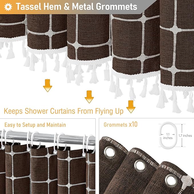 BTTN 60 Inch Stall Shower Curtain - Boho Farmhouse Linen Weighted Fabric Cloth Shower Curtain Set with 10 Plastic Hooks, Narrow Bohemian Country Decorative Shower Curtains for Bathroom - 60x72 - Brown