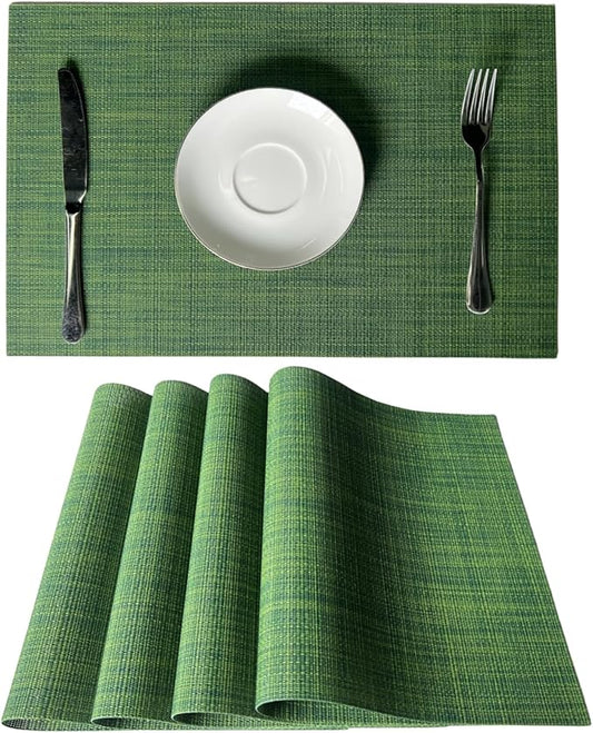 WAZAIGUR Placemats Set of 4 for Dining Table Heat-Resistant Washable Place Mats Woven Vinyl Kitchen Table Mats Easy to Clean,Hunter Green