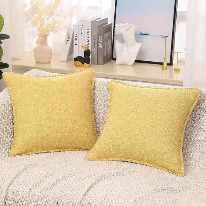 decorUhome Decorative Outdoor Throw Pillow Covers 24x24 Set of 2, Square Linen Rustic Neutral Farmhouse Euro Pillow Covers with Stitched Edge for Couch, Sofa, Living Room, Mustard Yellow