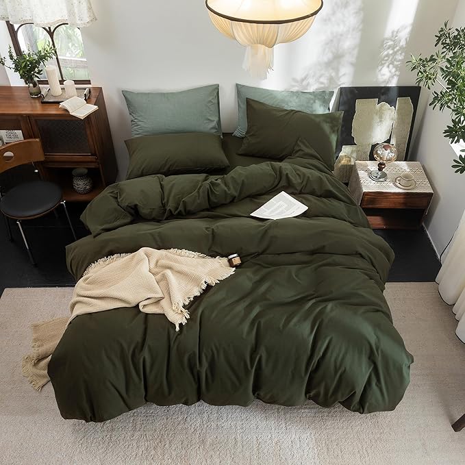 FOSSA Duvet Cover Set 100% Washed Cotton Linen Feel Super Soft Breathable Cozy 3 Pieces Bedding Sets Solid Olive Green Queen