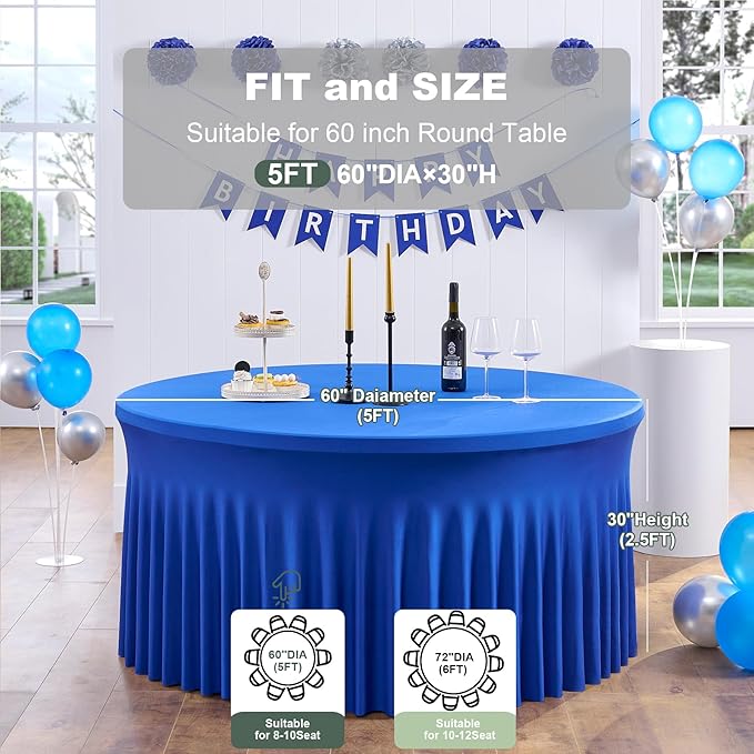 Outpain 8 Pack Royal Blue Spandex Round Tablecloth for 60in Tables, 120Inch Stretchy Fitted 5FT Round Table Clothes,Wrinkle Free Table Cover with Skirt for Wedding Party Dining Banquet