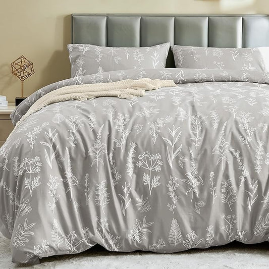 MUXHOMO Duvet Cover Queen Size, Reversible Floral Silver Gray Duvet Cover Set with Zipper Closure, 3 Pieces Botanical Patterns Soft Microfiber Bedding Set with 4 Ties (90"x90", 2 Pillow Cases)