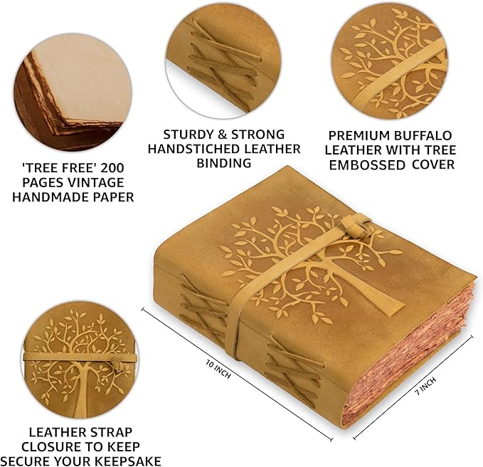 LEATHER VILLAGE Tree of Life Journal - 10 X 7 inches - Sun Tan - 200 Antique Deckle Edge Handmade Paper – Book of Shadows - Vintage Leather Bound Journal for Women & Men