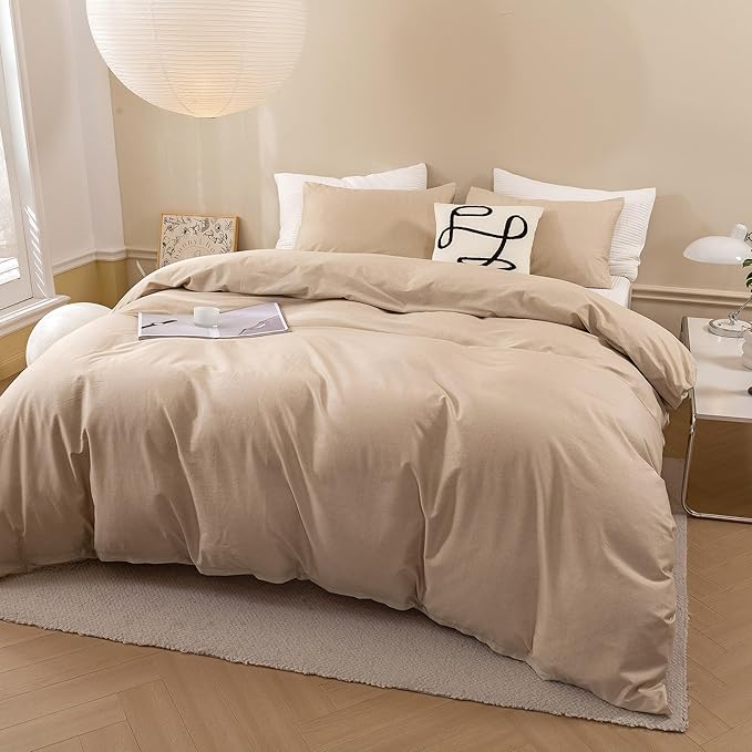 ECOCOTT Khaki Duvet Cover King Size - 100% Washed Cotton Durable Soft Comfy Duvet Cover Set, Lightweight and Breathable with Zipper Closure & Corner Ties (Khaki, 104''x90'')