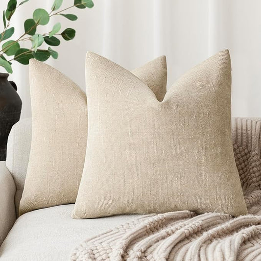 Foindtower Pack of 2 Soft Textured Chenille Throw Decorative Pillow Covers Square Accent Solid Cushion Cover Cozy Neutral Farmhouse Pillow Case for Couch Sofa Bedroom Living Room 26x26 Inch, Beige