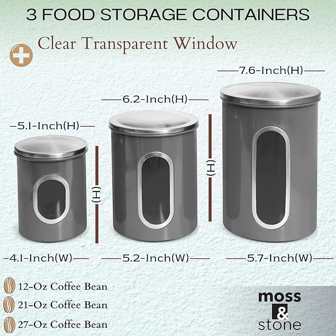 Moss & Stone 3-Piece Gray Canisters Sets For The Kitchen, Airtight Canister Set With See Through Window, Storage Jars for Coffee Container, Tea Organizer & Sugar Canister, Gray Kitchen Canisters